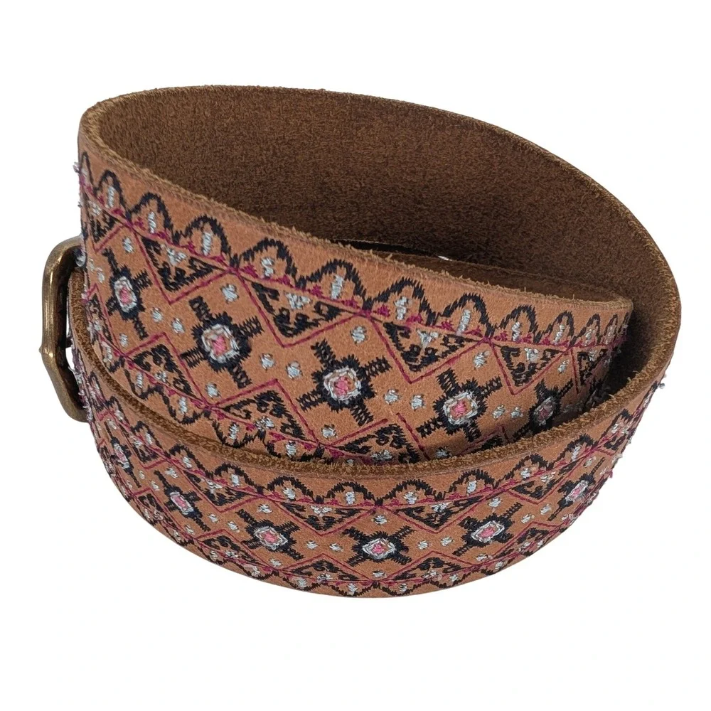 Lucky Brand Embroidered Leather Belt Womens S Brown Boho Brass Buckle 90s Y2K